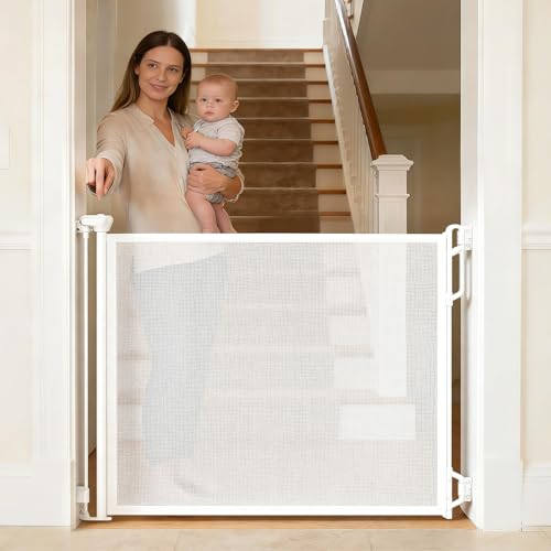 Image of SPACEANY Retractable Safety Baby Gate or Mesh Dog Gate,Durable Portable Mesh Retractable Gate,Easy to Use for Stairs, Doorways, Hallways, Indoor, Outdoor, 33.5" Tall, Up to 45" Wide, White