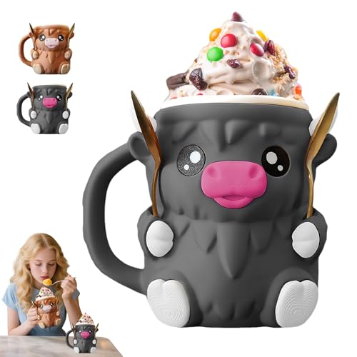 Ohphnt Highland Cow Ice Cream Pint Holder,Ice Cream Pint Holder,3D Printed Leak Proof Beer Can Sleeve with Anti-Freeze Handle & 2 Spoons, Non-Slip Base Fits 16oz, Gift for Highland Cow Lovers-B