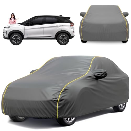 Image of Car Cover Compatible for Tata Nexon All Model & Years (2017-2025) 100% Waterproof with Mirror Pockets, Triple Stitched Bottom Elastic Dustproof Full Body Protection Heat & UV Resistant, Grey