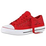  VAN HILL Damen Sneaker Low Bequeme Schnürschuhe Flache Freizeit Schuhe Spitze Stoffschuhe Schnürer 212464 Rot 37
