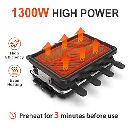 Raclette 8 Personen Raclette Grill Tischgrill Elektrisch 8 Pfännchen und Holzspatel Korean BBQ Grill Elektrogrill Antihaftbeschichteter Regulierbare Temperatur 1300 Watt, Schwarz – Bild 7