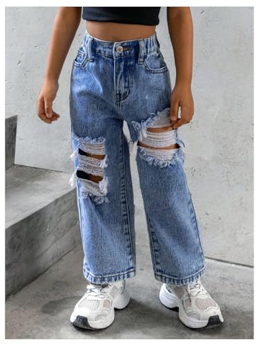 WDIRARA Toddler Girl's Ripped Straight Leg Crop Jeans Elastic Waist Denim Pants with Pockets3