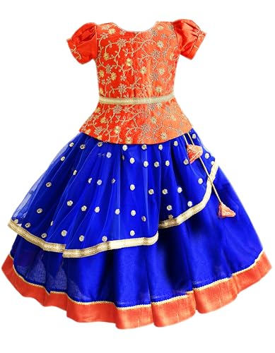 Image of Girls Designer Lehenga Choli Set Orange Rani Pink Readymade Pattu Pavadai Style Traditional Ethnic Dress for Baby Girls Kids Festive Wedding 3Months-8 Years