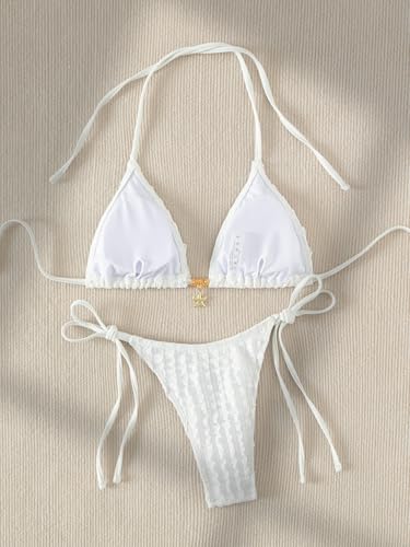 GORGLITTER Women's High Cut Thong Bikini Set Textured Halter Triangle String Cute Cheeky 2025 Swimsuit Bathing Suit2