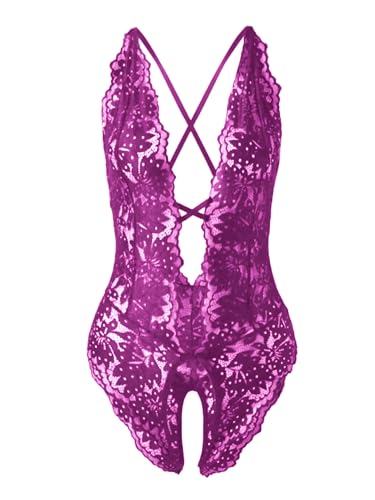 Image of SOLY HUX Women's One Piece Lingerie Sexy Lace Babydoll Deep V Teddy Criss Cross Backless Teddy Mini Bodysuit