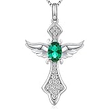 Jiahanzb Angel Wing Cross Necklace Birthstone Pendant for Women Diamond Crosses Necklaces Sterling Silver Emerald AAAAA CZ Jewelry Men May Birthday