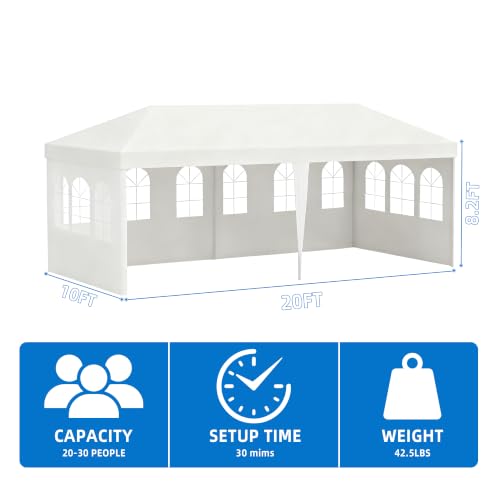 Image of 10x20 White Canopy Tent with 4 Removable Sidewalls and Windows, Waterproof Outdoor Party Gazebo Tent for Backyard Wedding Events BBQ Graduation