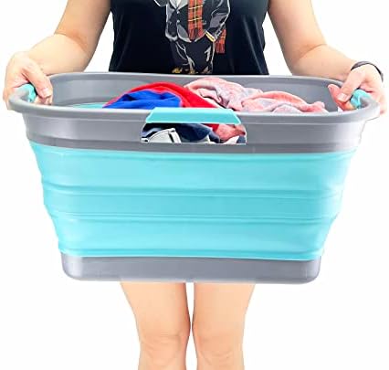 SAMMART 30L Collapsible Plastic Laundry Basket - Foldable Pop Up Storage Container/Organizer - Space Saving Hamper/Basket - Water Capacity 24L (Grey/Crystal Blue)