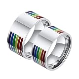 Bague Couple Fiançailles, Bague Fiance Femme Bague LGBT en Argent avec Émail Arc-en-Ciel 10mm Acier Inoxydable Taille Femme 61.5 & Homme 66.5