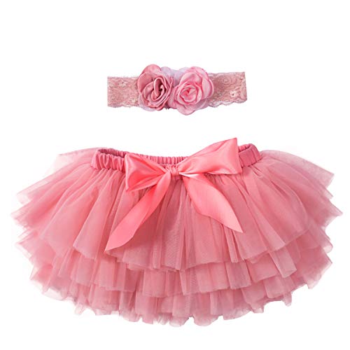 Baby Girls Tutu Skirts Diaper Cover Bloomers and Lace Headband Set for Newborn Coral 6-12 Months