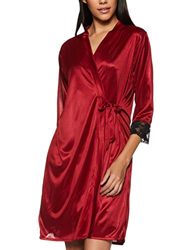 Clovia Women's 2 Pcs Satin Nightwear Set in Maroon & Black - Short Robe & Nightie - Image 2