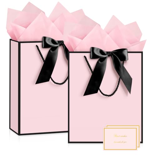 Image of JMANNI Gift Bag, 2PCS Gift Bags with Ribbon and 2 Greeting Cards 4 Tissue Paper, Portable Paper Gift Bag with Handles, Birthday Gift Bags,Present Bags for Wedding Party Mothers Day(Pink-Black)