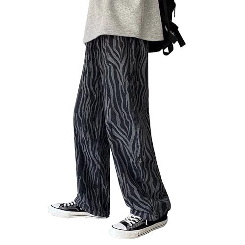 DGHM-JLMY Mens Elastic Waist Drawstring Jeans Hip Hop Trendy Stripe Wide Leg Denim Pants Regular Fit Straight Casual Jean