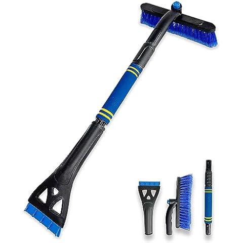 25"-31" Detachable Snow Brush and Ice Scraper,Retractable Snow Brush Multi-Tool,Flexible 360°Adjustment Pivoting Head,Snow Scraper for Cars Trucks SUVs Windshield with Non-Slip Foam Grips,Blue & Black Cover