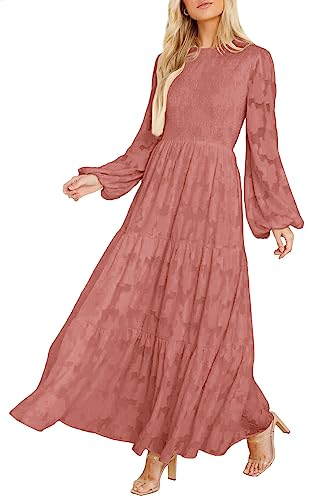 MITILLY Women's Elegant Floral Long Sleeve Round Neck Smocked A-Line Flowy  Tiered Maxi Dress with Pockets Small Bean Paste Red : Clothing, Shoes &  Jewelry - Amazon.com