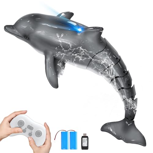 YOOHBERRYS Juguetes Teledirigido Delfines RC Barco, 2.4GHZ RC Delfines Simulación con Luces, Barco Teledirigido Delfines Juguete para Piscina Agua, Tiburón Teledirigido para 6+ niños niñas (Gris)