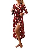 Ekouaer Women Kimono Robes Full Length Knit Bathrobe Lightweight Soft Sleepwear V-neck Casual Ladies Loungewear Christmas Red Teddy Bear X-Large