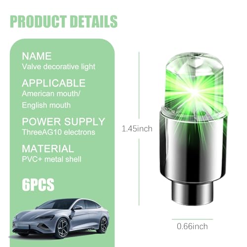 Yumfugu 6 PCS Car Hot Wheels Wheel Hub Light, American Style Flashing Breathing Light with Inner Tube Valve, Cool Lighting Modification Accessories, for Most Cars, Bicycles, Motorcycles (Green) - Thumbnail 2