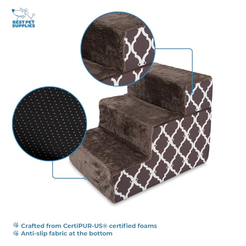 Image of Best Pet Supplies Dog Stairs & Steps - Foam Steps for Small Dogs & Cats, Non-Slip Indoor Balanced Pet Step Support, Dog Ramp, No Assembly, Brown Lattice Print, Foldable 3-Step (16.5-inch Height)