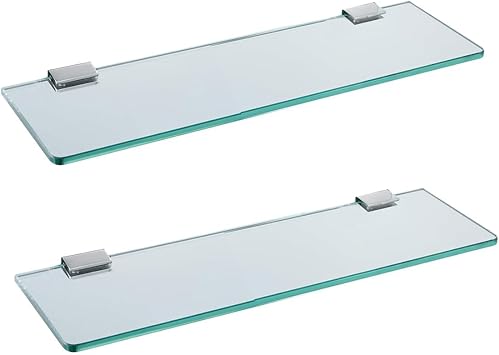 Glass Bathroom Shelf Wall Mounted 9.84 inches Tempered Glass Stainless Steel Tempered Transparent Glass with Chrome Bracket for Bathroom Bedroom Kitchen 2PC