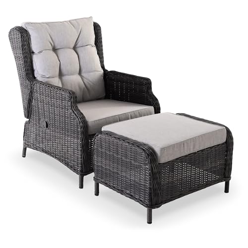 Raburg Gartenstuhl mit Relaxfunktion, Gartensessel-Set mit Hocker, inkl. bequemen Polstern, 130 kg Belastbarkeit, pflegeleichtes & wetterfestes Polyrattan - Sophia | Braun/Hellgrau