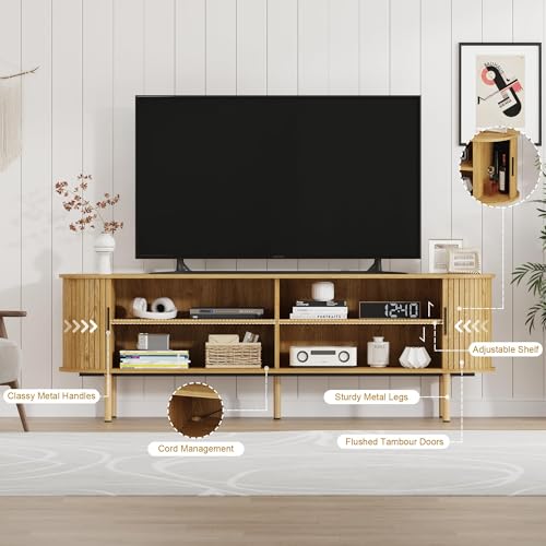 GAOMON 70.1" TV Stand with Sliding Doors and Storage, Wooden Media Console for TVs Up to 80", Modern Entertainment Center for Living Room, Bedroom, or Hallway, Oak by GAOMON - Image 5