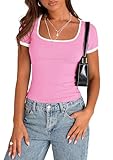 Picture of PRETTYGARDEN Women's Summer Short Sleeve T Shirts Ribbed Knit Square Neck Color Block Slim Fit Basic Casual Crop Tops Blouses (Light Pink,XX-Large)