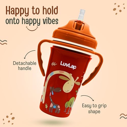 LuvLap Tiny Giffy Sipper for Infant/Toddler 300ml, Anti-Spill Sippy Cup with Soft Silicone Straw BPA Free, 18m+(Orange)