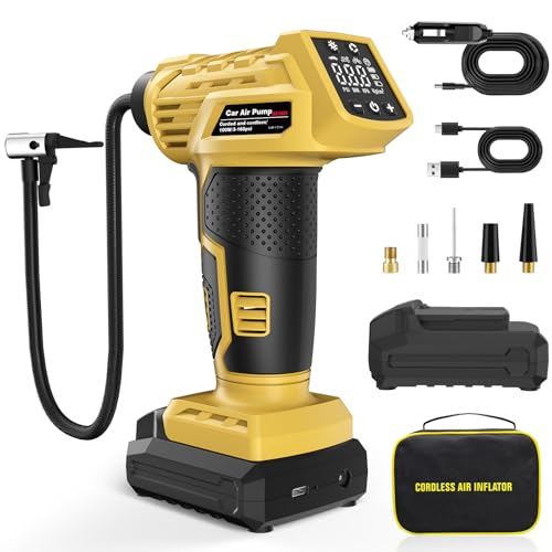 Tire Inflator Portable Air Compressor, 160PSI Large Full-Screen display Portable Air Pump with Digital Pressure Gauge, Rechargeable Battery Powered Portable Air Compressor with 12V DC Adapter