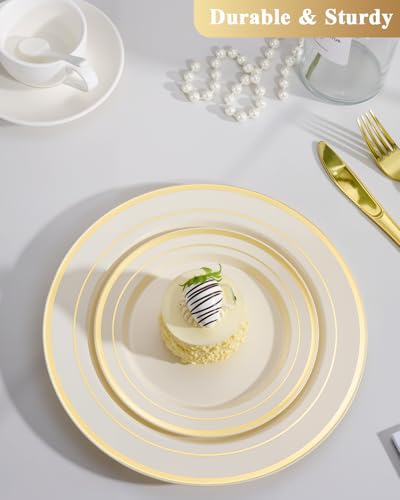 Image of Goodluck 120 PCS Ivory and Gold Plastic Plates, Heavy Duty Disposable Ivory Plates with 60 10.25 inch Dinner Plates and 60 7.5 inch Dessert Plates for Party, Holiday, Wedding