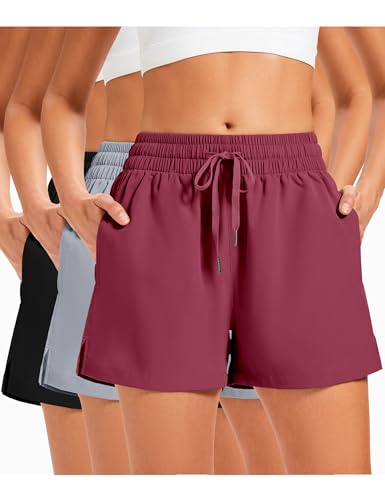 ZUTY 3 Pack 3 Womens Athletic Shorts Basic Running Shorts Lightweight Quick Dry Gym Lounge Workout Shorts with Pockets Black-Light Grey-Burgundy XL