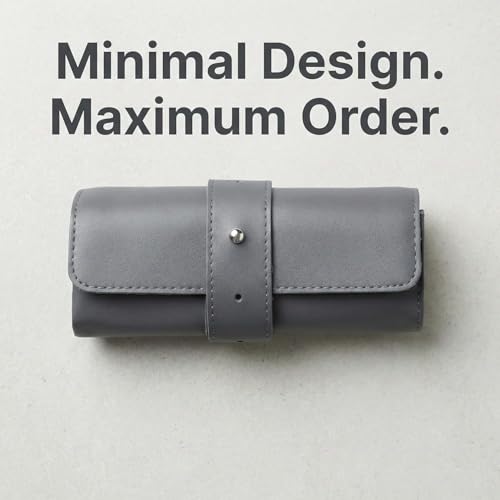 Image of Folk Creations Watch Roll for 4 Watches | Vegan Leather Travel Case for Men | Velvet Cushion Organizer | Gift for Collectors | Scratch-Proof Watch Storage Box, Grey