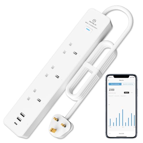 ANTELA Smart Power Strip Energy Monitoring Wifi Smart Extension Lead with 3 Outlets+3 USB Ports (2 USB A+1 USB C) Work with Alexa Google Home Voice Control Smart Life App 1.5M 2.4GHz 13A