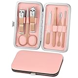 ALIIP Kit Manucure 7 Pièces, Ensemble de Soins des Ongles Professionnel en Acier Inoxydable, Trousse de Manucure Portable avec Étui en Cuir pour Femmes et Hommes, Rose