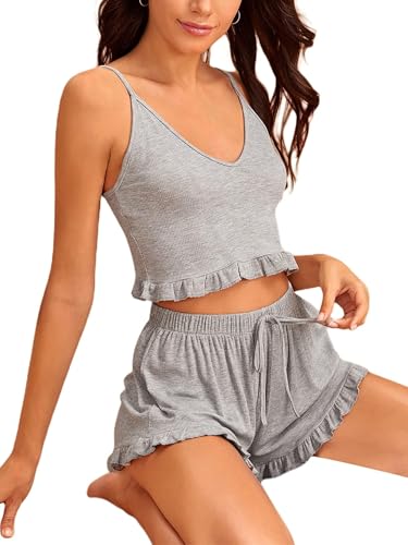 Image of Avanova Women Sexy 2 Piece Pajama Set Ruffle Trim Cami Top and Shorts Sleepwear Set