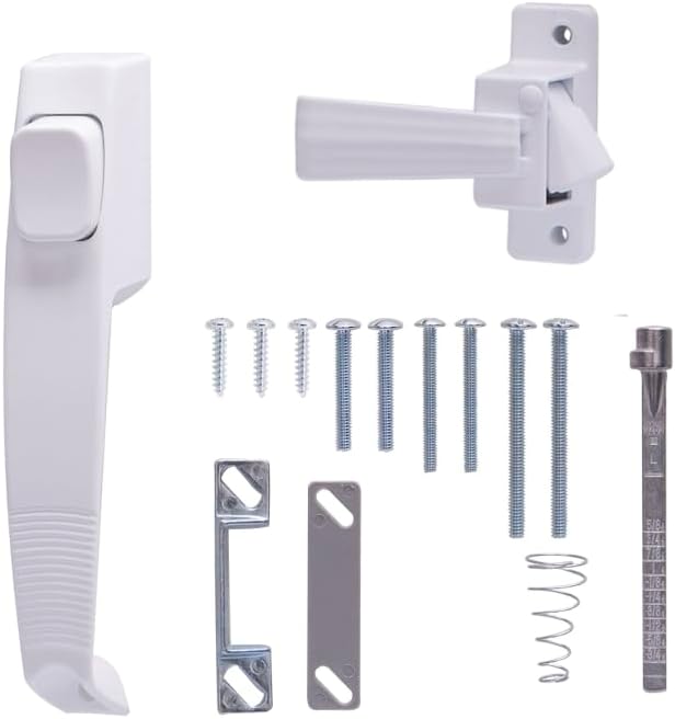 Rocky Mountain Goods Pushbutton Storm Door and Screen Door Latch - Heavy-Duty Zinc Weather-Resistant Design - 5/8" to 1-1/2" Thick Out-Swinging Screen/Storm Doors - Includes Hardware (White)