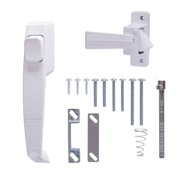 Rocky Mountain Goods Pushbutton Storm Door and Screen Door Latch - Heavy-Duty Zinc Weather-Resistant Design - 5/8" to 1-1/2" Thick Out-Swinging Screen/Storm Doors - Includes Hardware (White) by Rocky Mountain Goods - Used condition - US$17.50