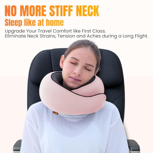 Image of LOEXAIR Travel Pillow, Neck Pillow Travel for Airplane, Car - 100% Cotton Fabric & Memory Foam Plane Pillow, Lightweight & Easy-to-Carry on Flight, Full Travel Set (Eye Mask, Earplugs) - Sakura Pink