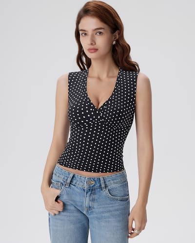 Image of SUUKSESS Women Built in Bra V Neck Tank Tops Double Lined Summer Going Out Camisole Tops