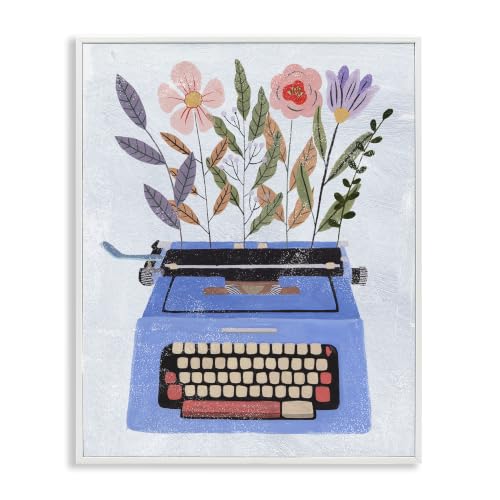 Stupell Industries Floral Arrangement Botanicals Blue Vintage Typewriter Collage, Design by Melissa Wang, 24 x 30, Multi-Color