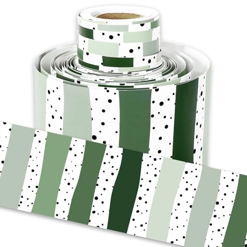 Image of Whaline 32.8 Ft Classroom Bulletin Board Borders, Gradient Sage Green Color | Dot Stripe Die-Cut Rolled Border Trim, for Back to School Chalkboard Wall Decoration