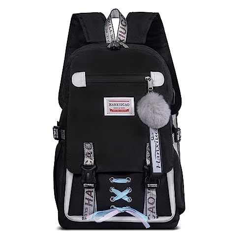 HANXIUCAO Backpack for School Girls School Bag Large Capacity Teenage Primary Elementary Middle School Bags Anti-Theft Backpacks With USB Charging Port(Black)