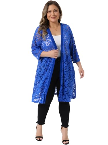 Image of Agnes Orinda Women Plus Size Lace Cardigan 3 /4 Sleeve Cover Up Jacket | Lightweight Crochet Contrast Panel Open Front Kimonos Casual Weddiing Cocktails Party