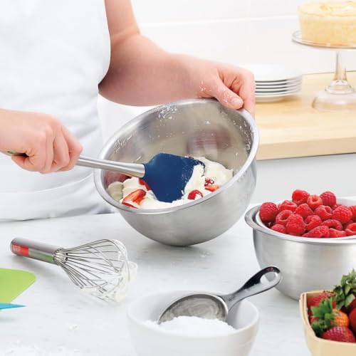 Image of Tovolo Silicone Cooking Utensil Set of 6 Stainless Steel Handle Ladle Slotted Turner Tongs Flex Core Spatula Scraper Mixing Spoon & Potato Masher, Dishwasher Safe BPA Free Utensils, Deep Indigo