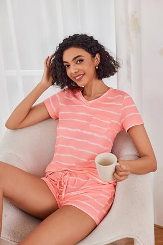 Image of Ekouaer Womens Pajama Sets Short Sleeve Pajamas for Women Sets Soft Lounge Sets Casual V Neck Sleepwear PJS