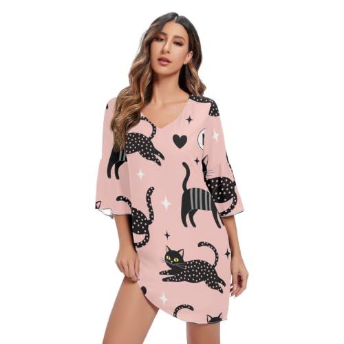 Robe décontractée à pois roses et chats pour femme | Style fluide