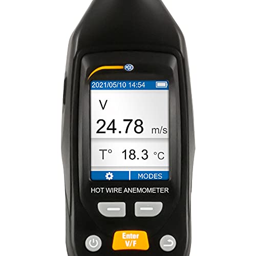 Close-up of PCE-423N display showing air speed and temperature readings