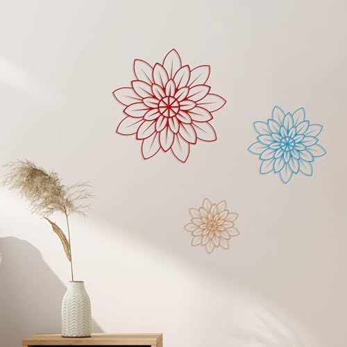 Ferraycle 3 Pieces Metal Wall Art Metal Flowers Wall Decor Metal Wall Art Floral Home Decoration for Bedroom Living Room, Bathroom, Kitchen, Outdoor (Blue, Yellow, Red)
