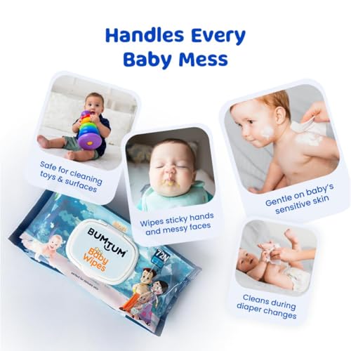 Image of Bumtum Baby Chota Bheem Gentle Soft Moisturizing Wet Wipes With Lid | 20 X 14Cm, Aloe Vera & Chamomile Extracts | Paraben & Sulfate Free (Pack of 3, 72 Pcs. Per Pack)
