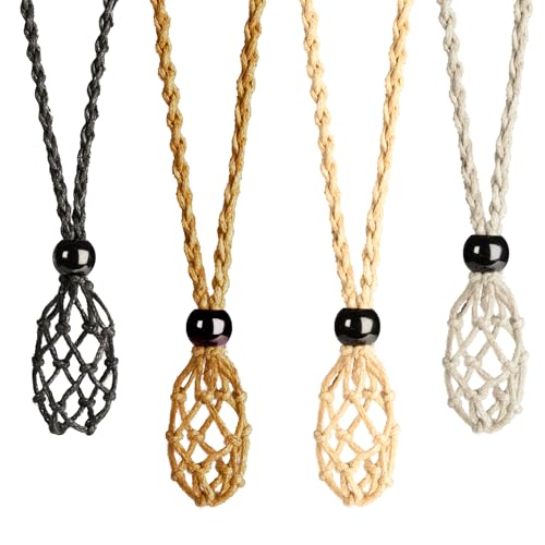 4 PCS Crystal Cage Necklace With Adjustable Length Cord - Empty Stone Pendant Holder - Hand-Woven Replacement